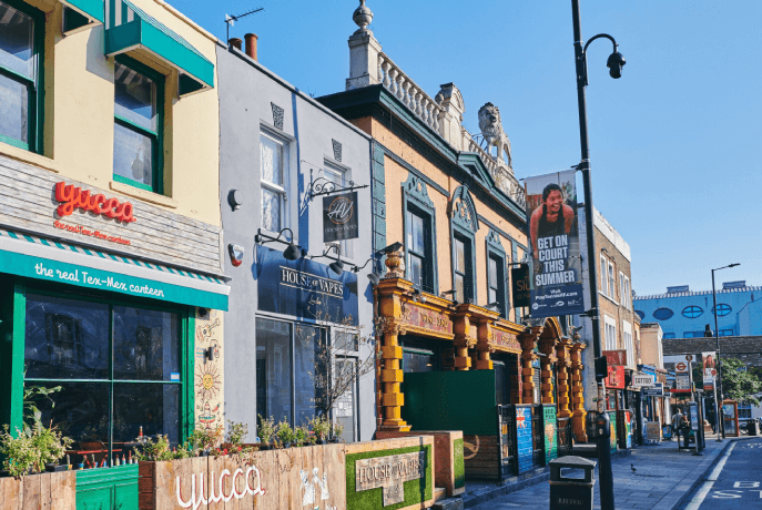 Fulham combines classic British pubs with modern bar offerings, perfect for a laid-back night out with a friendly atmosphere.